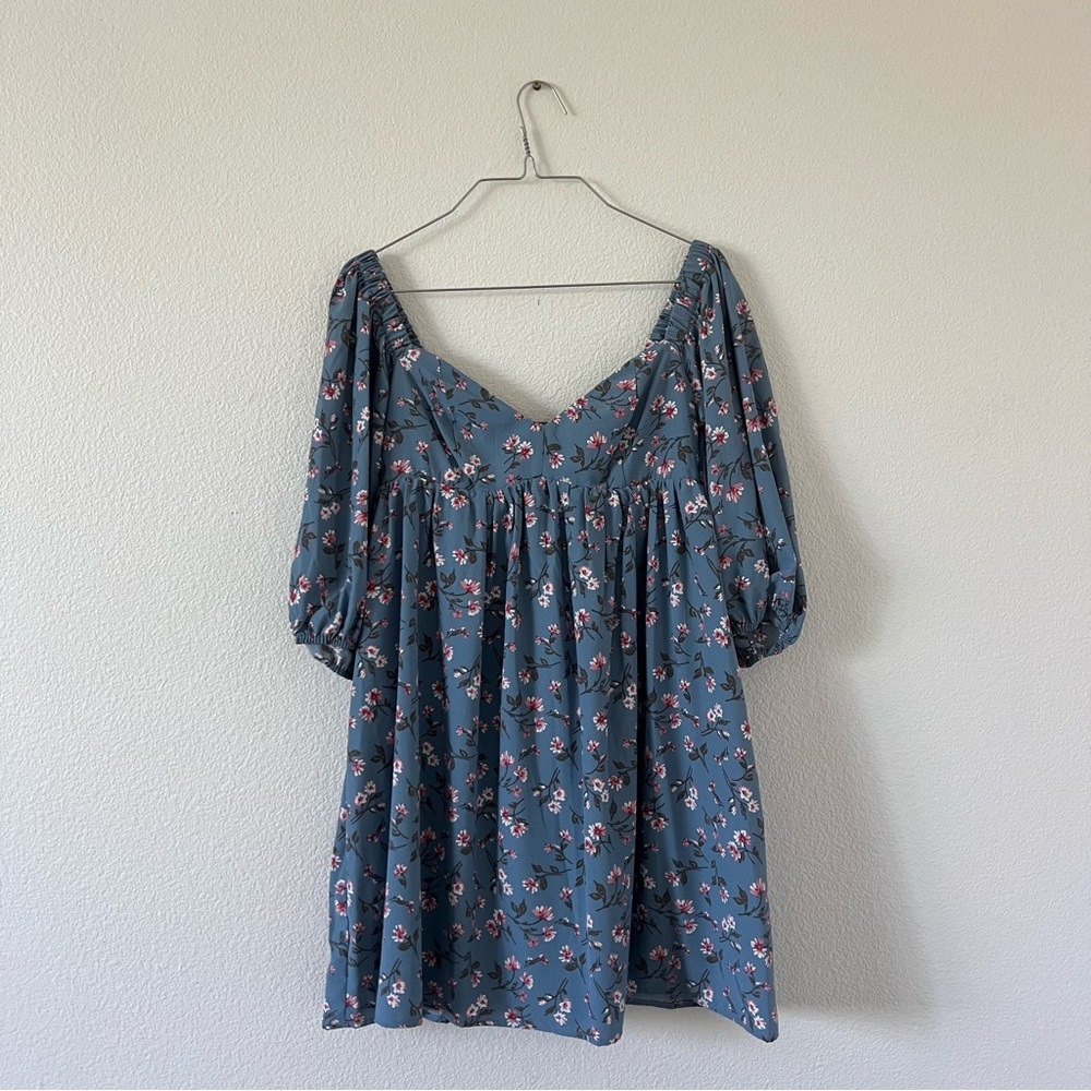 WAYF Babydoll Dress | X-Small NWT | Dusty Blue with Pink Flowers